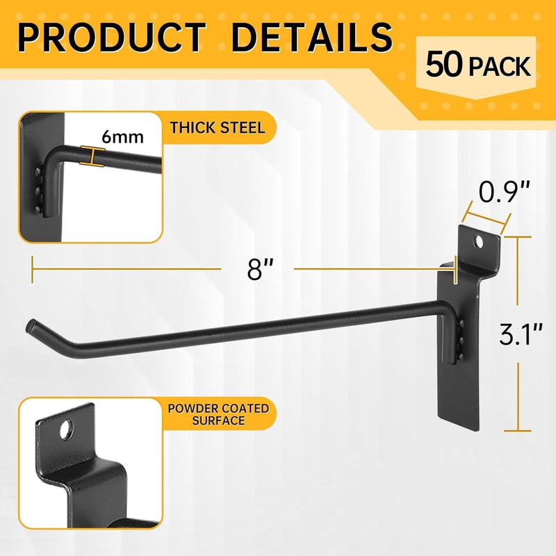 SINCHEEWAY 50 Pack Slatwall Hooks, Slatwall Accessory for Hanging, Slat Board Hook for Garage, Retail, Home, and Shop Display (Black, 8 Inch) - Image 2